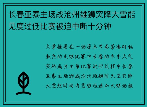 长春亚泰主场战沧州雄狮突降大雪能见度过低比赛被迫中断十分钟 长春亚泰主场战沧州雄狮突降大雪能见度过低比赛被迫中断十分钟