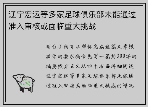 辽宁宏运等多家足球俱乐部未能通过准入审核或面临重大挑战